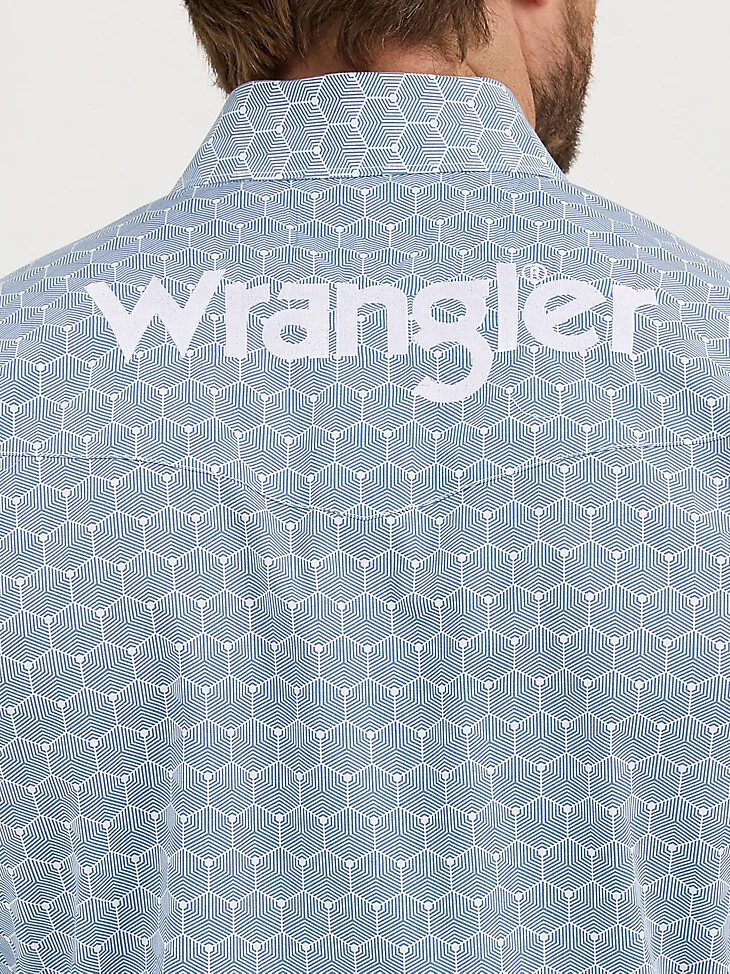 camicia da uomo a maniche lunghe con logo wrangler e bottoni a pressione western esagoni blu acciaio