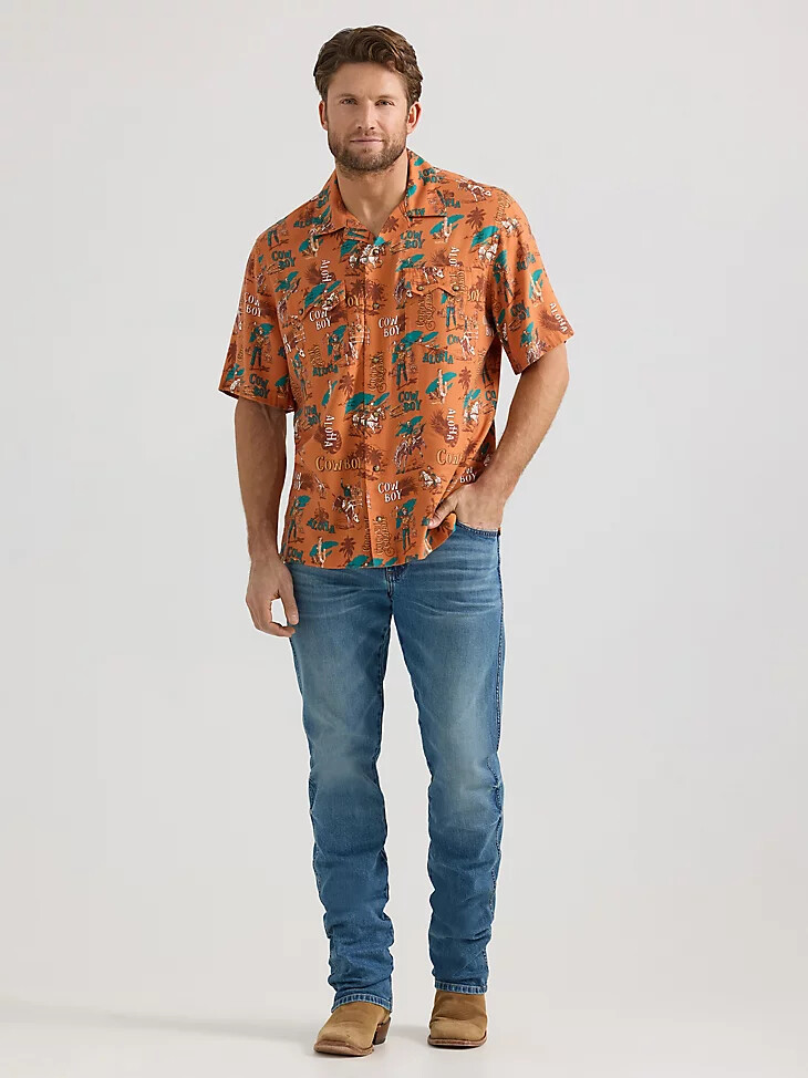 camicia da campeggio con bottoni a pressione sul davanti e scritta wrangler coconut cowboy aloha orange