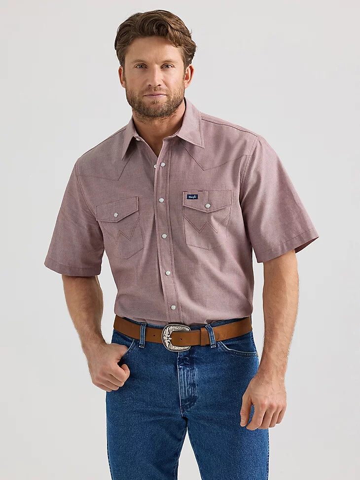 camicia da lavoro classica a maniche corte cowboy cut in stile western marrone