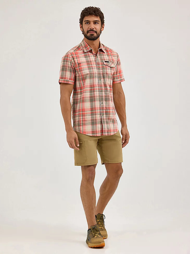 camicia a quadri con tasca e cerniera in cedro da uomo wrangler atg corallo