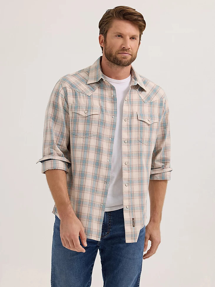 camicia a quadri western a maniche lunghe wrangler retro premium da uomo blu sabbia
