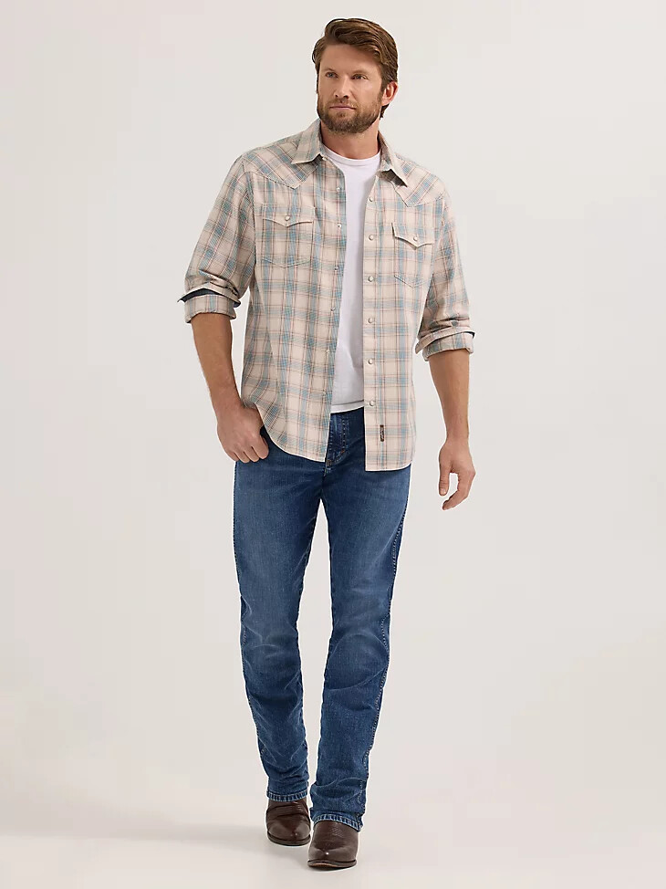 camicia a quadri western a maniche lunghe wrangler retro premium da uomo blu sabbia