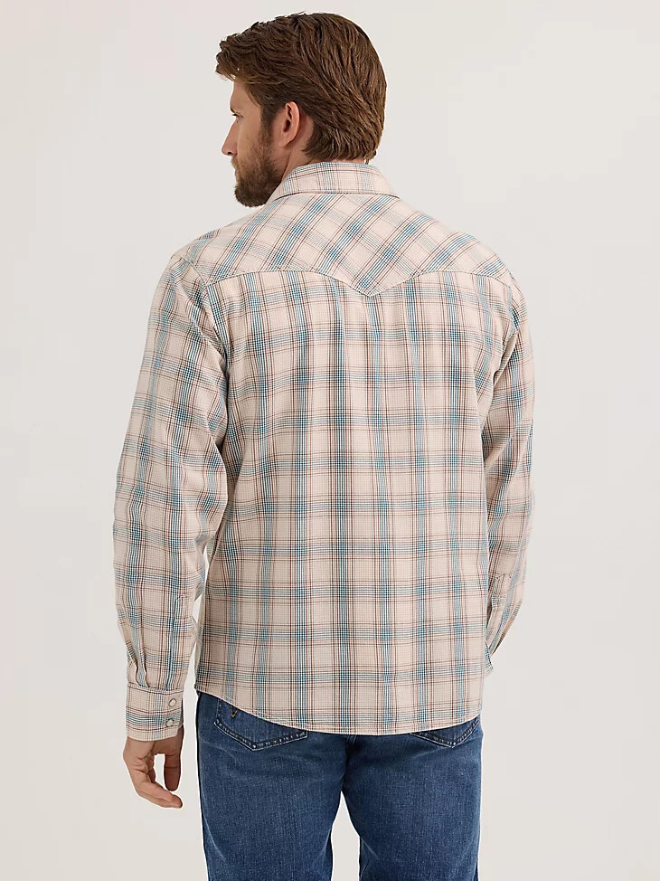 camicia a quadri western a maniche lunghe wrangler retro premium da uomo blu sabbia