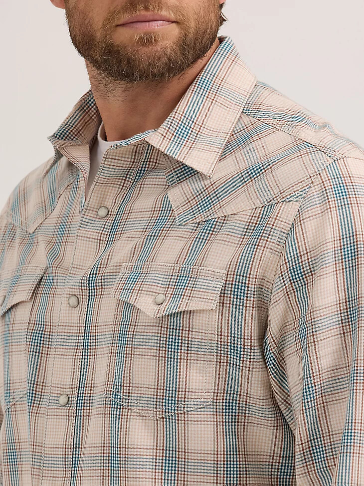 camicia a quadri western a maniche lunghe wrangler retro premium da uomo blu sabbia