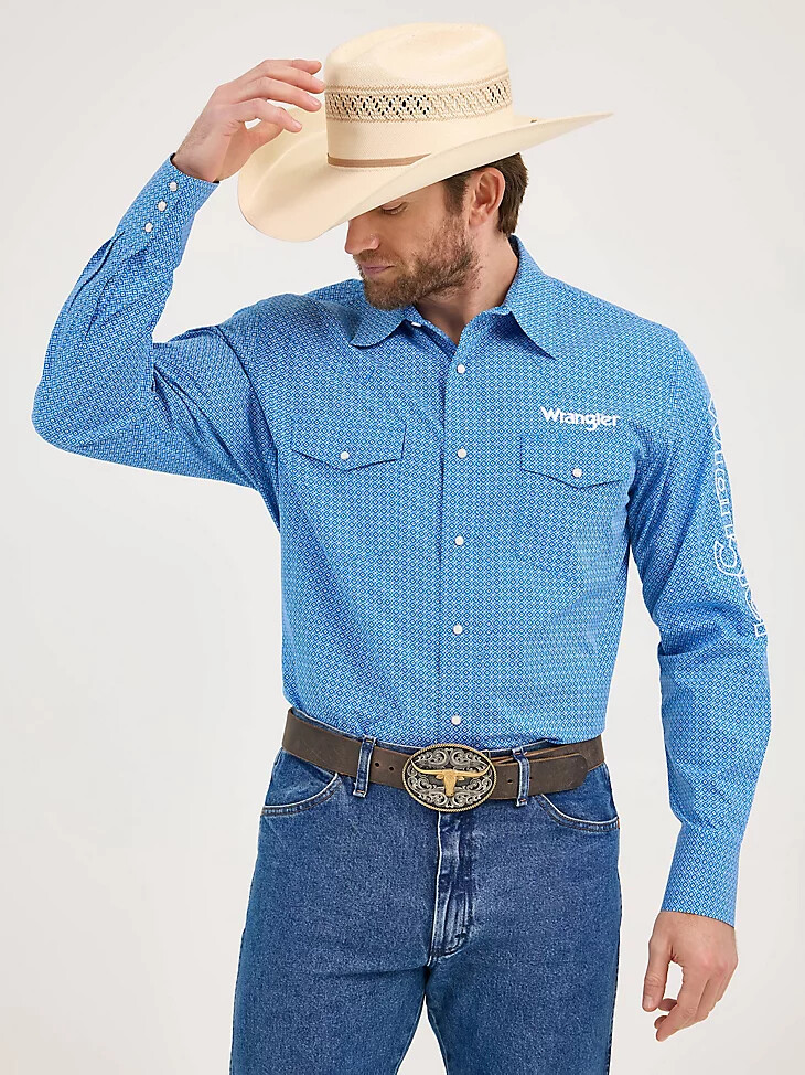 camicia da uomo con stampa western a maniche lunghe e logo wrangler cerulean