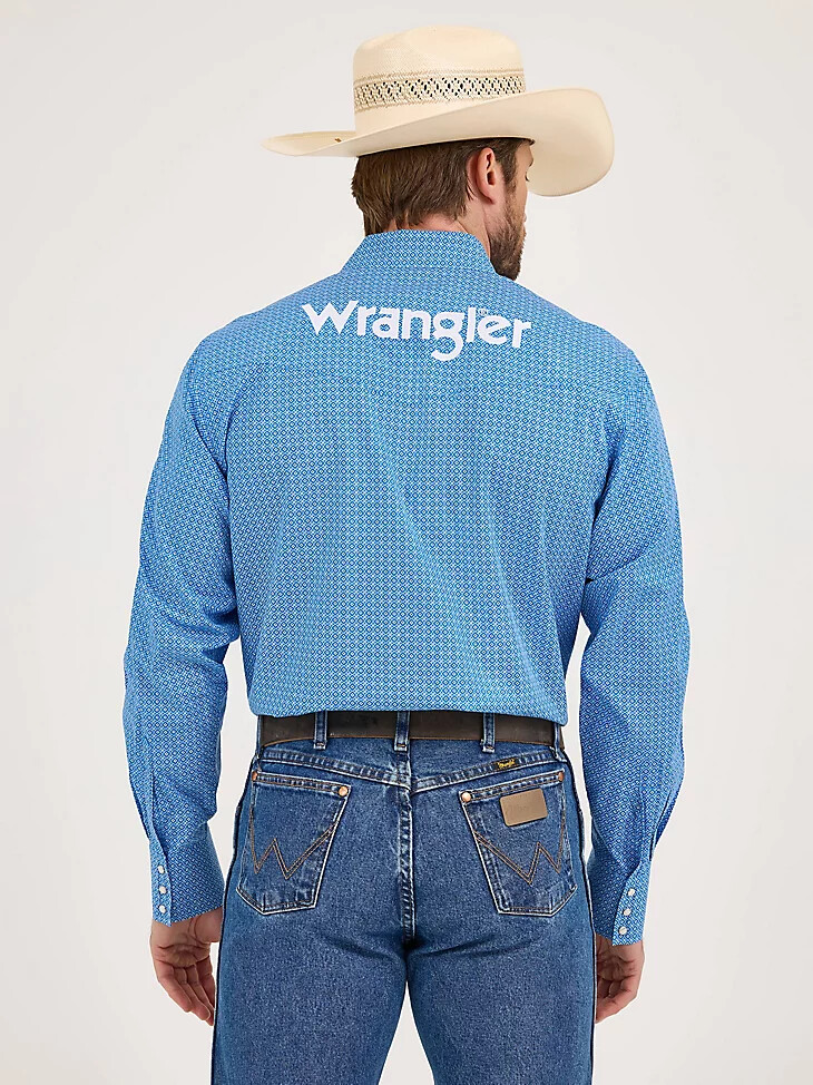 camicia da uomo con stampa western a maniche lunghe e logo wrangler cerulean