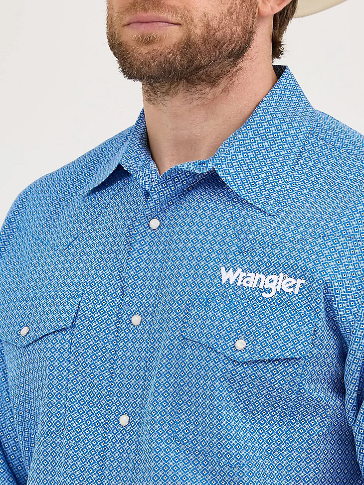 camicia da uomo con stampa western a maniche lunghe e logo wrangler cerulean