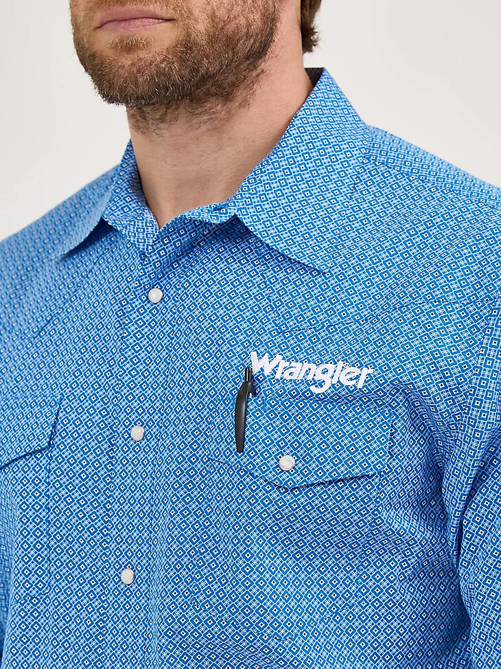 camicia da uomo con stampa western a maniche lunghe e logo wrangler cerulean