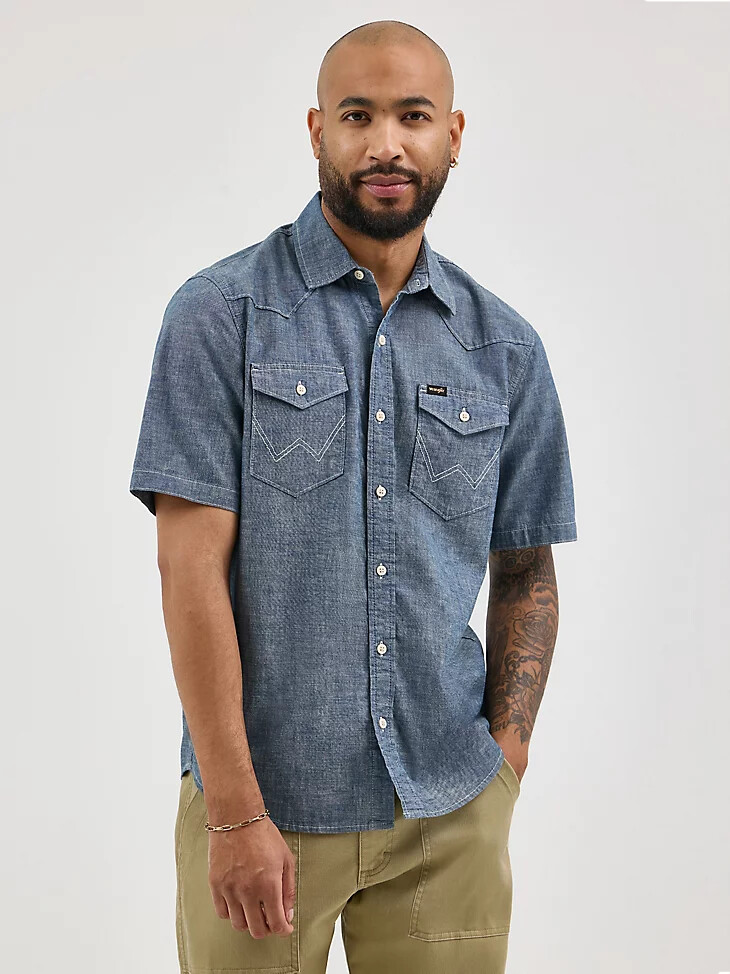 camicia da uomo a maniche corte in chambray vintage scuro