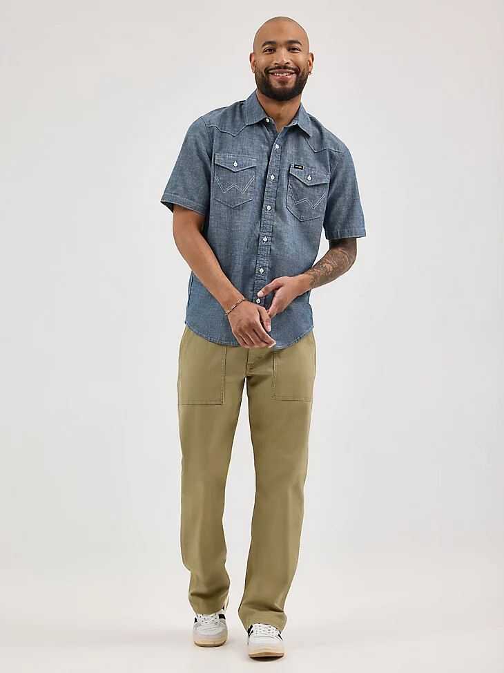 camicia da uomo a maniche corte in chambray vintage scuro