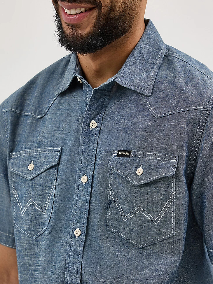 camicia da uomo a maniche corte in chambray vintage scuro