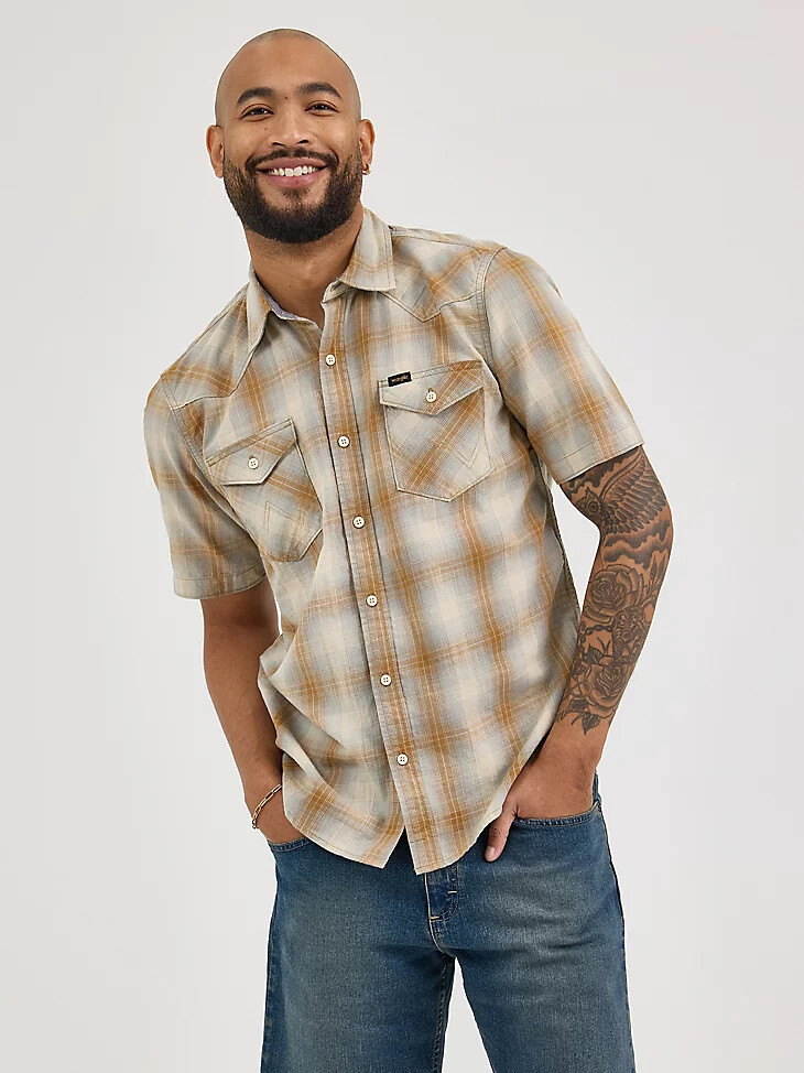 camicia da uomo in cotone slub a quadri color zenzero smaltato