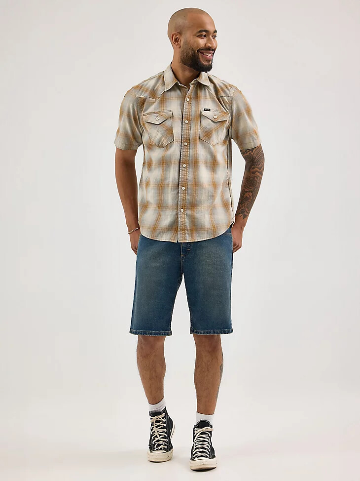 camicia da uomo in cotone slub a quadri color zenzero smaltato