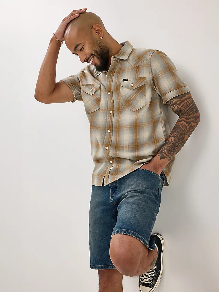 camicia da uomo in cotone slub a quadri color zenzero smaltato