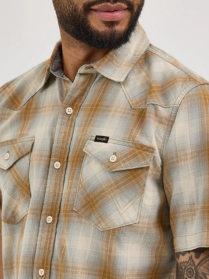 camicia da uomo in cotone slub a quadri color zenzero smaltato