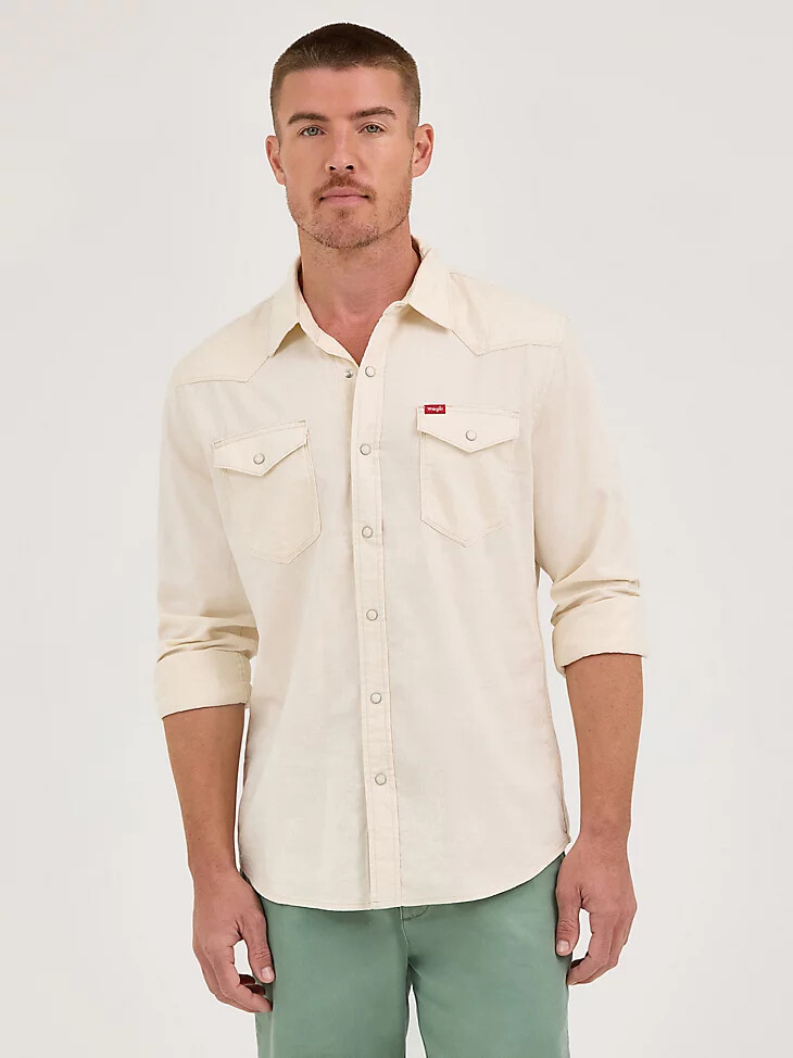 camicia da uomo in denim western con bottoni automatici colore ecru