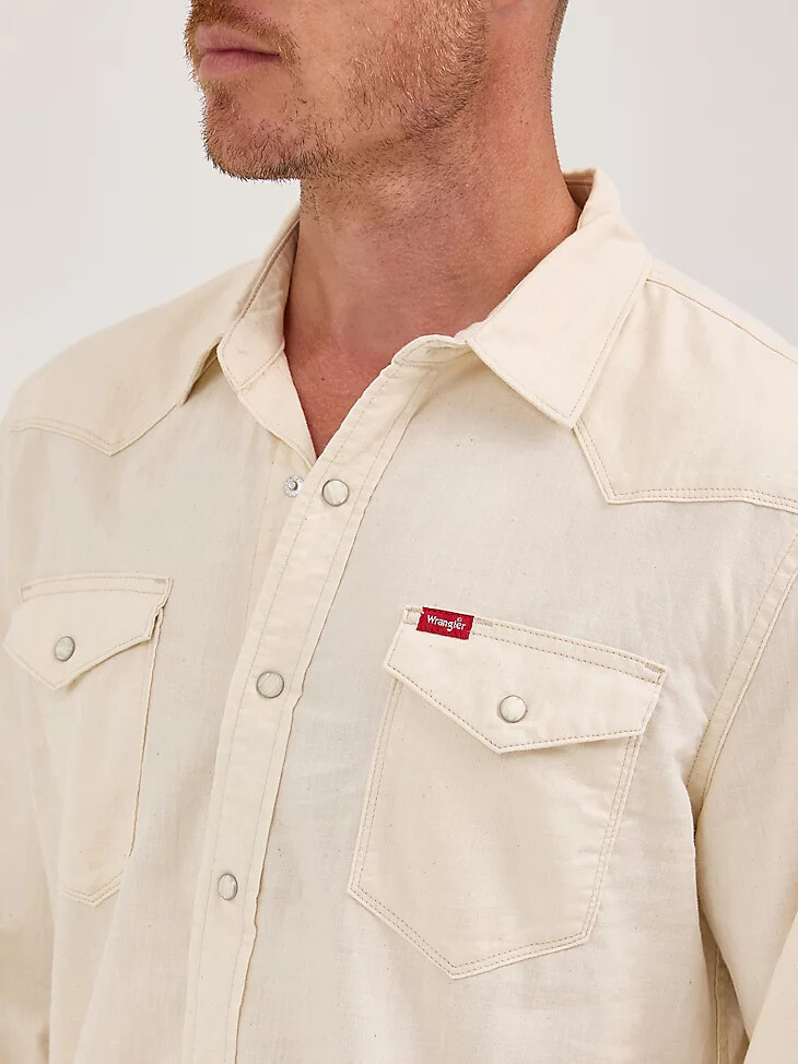 camicia da uomo in denim western con bottoni automatici colore ecru