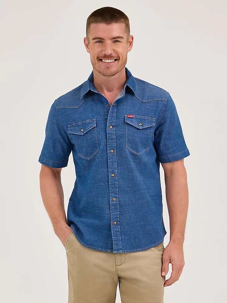 camicia da uomo in denim a maniche corte con bottoni automatici lavaggio medio