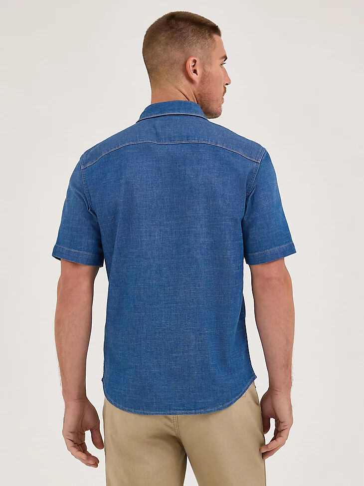 camicia da uomo in denim a maniche corte con bottoni automatici lavaggio medio