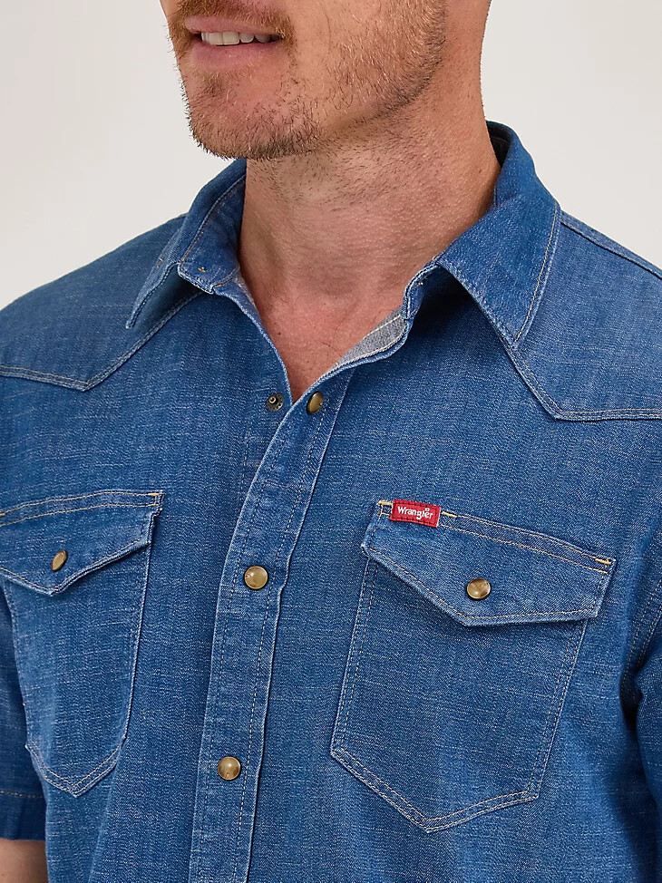 camicia da uomo in denim a maniche corte con bottoni automatici lavaggio medio