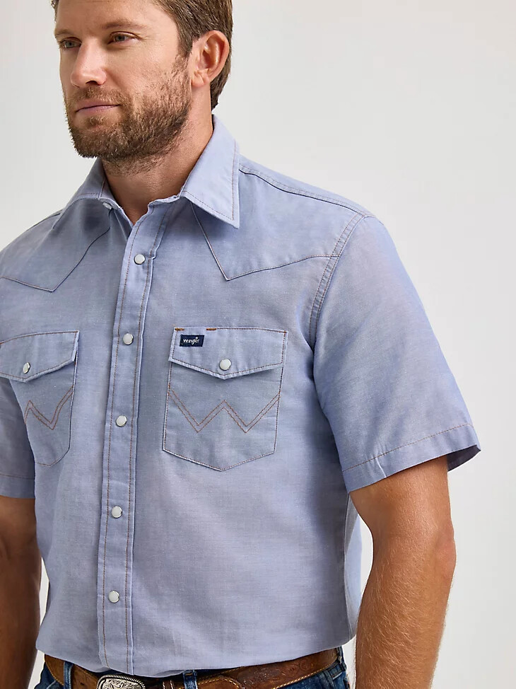 camicia in chambray tinta unita con bottoni a pressione western a maniche corte cowboy cut work