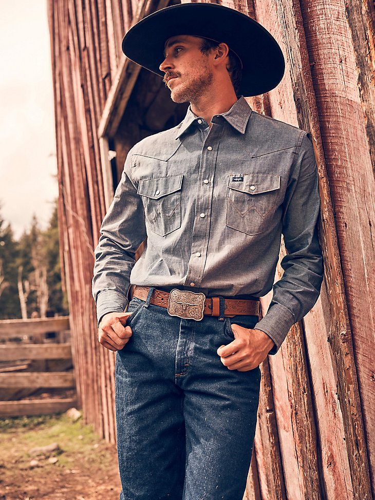 camicia a maniche lunghe in denim rigido western cowboy cut work chambray medio
