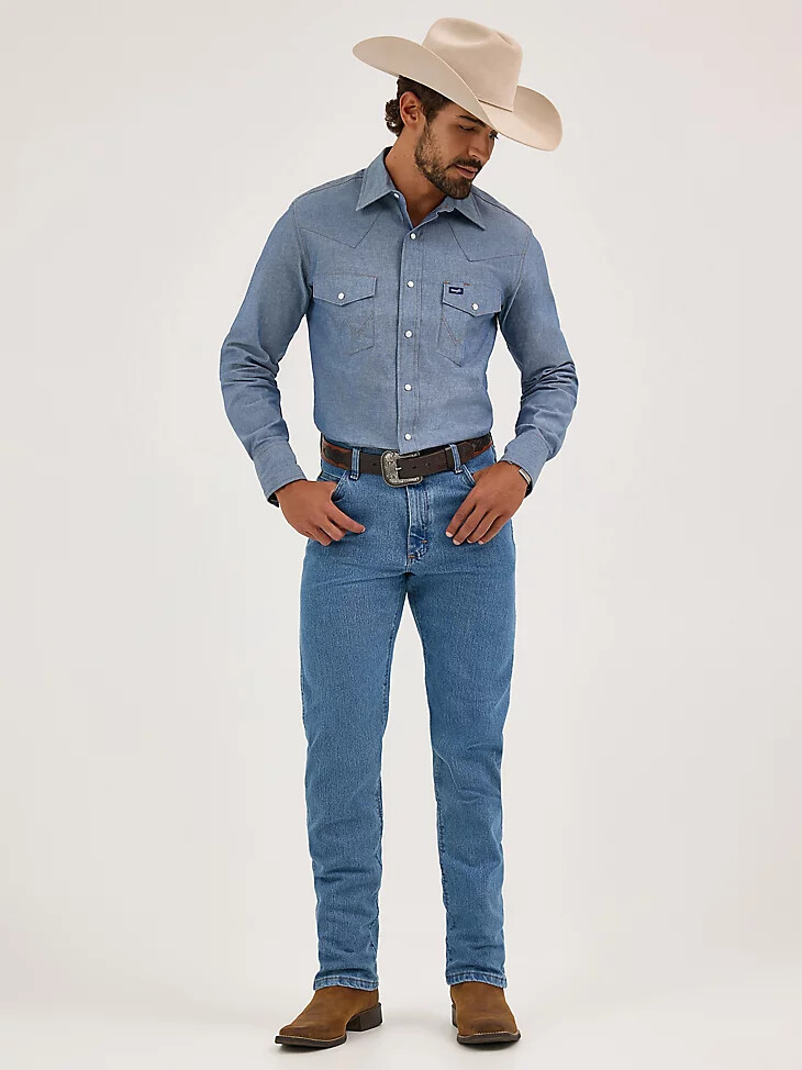 camicia a maniche lunghe in denim rigido western cowboy cut work chambray medio