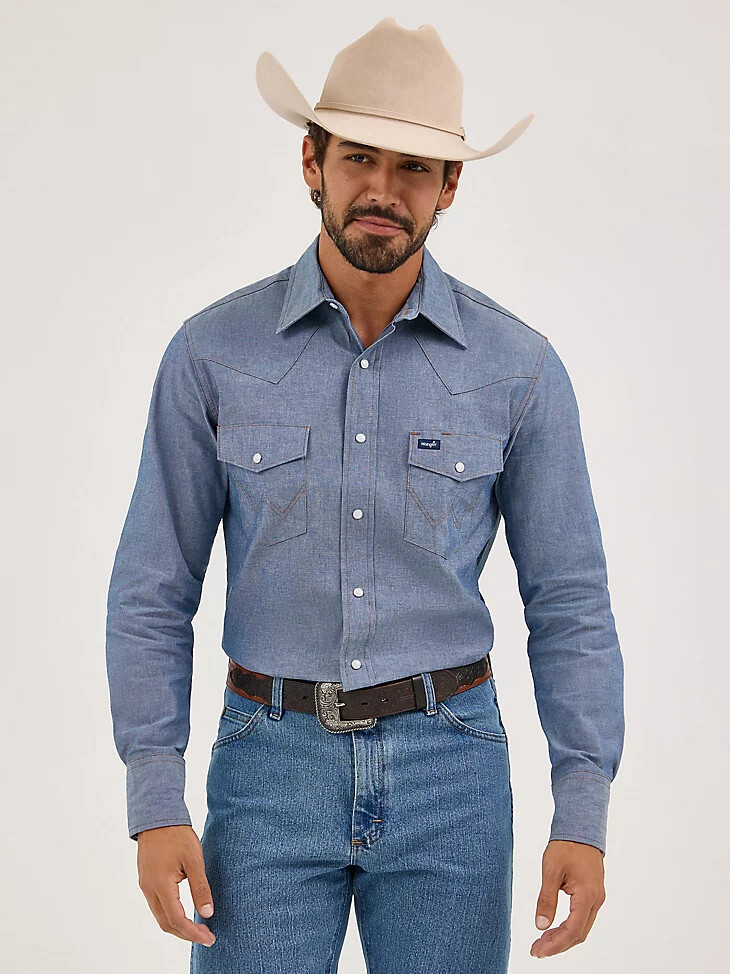 camicia a maniche lunghe in denim rigido western cowboy cut work chambray medio