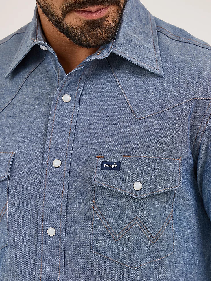 camicia a maniche lunghe in denim rigido western cowboy cut work chambray medio