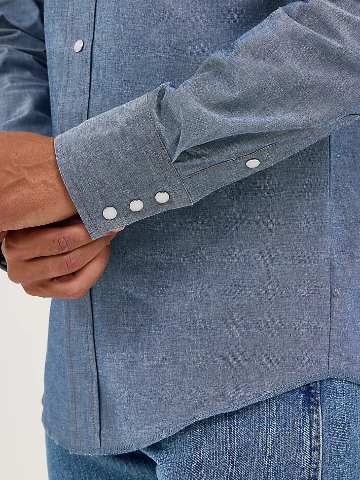 camicia a maniche lunghe in denim rigido western cowboy cut work chambray medio
