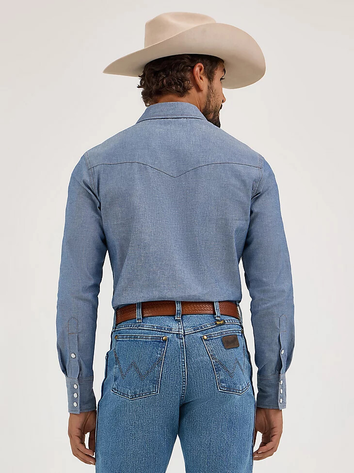 camicia a maniche lunghe in denim rigido western cowboy cut work chambray medio