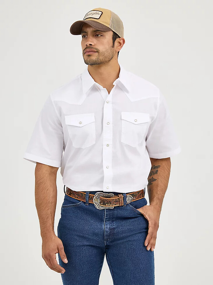 camicia sportiva da uomo wrangler a maniche corte tinta unita con bottoni automatici bianca