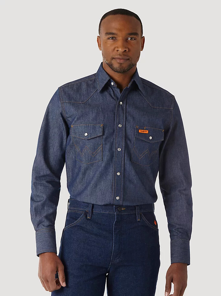 camicia da lavoro in denim a maniche lunghe ignifuga wrangler fr colore denim