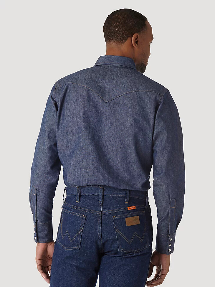 camicia da lavoro in denim a maniche lunghe ignifuga wrangler fr colore denim