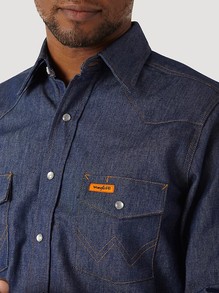 camicia da lavoro in denim a maniche lunghe ignifuga wrangler fr colore denim