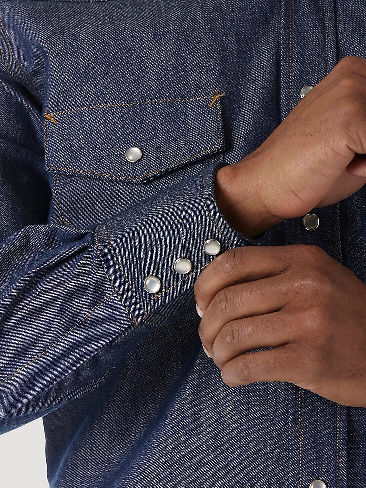 camicia da lavoro in denim a maniche lunghe ignifuga wrangler fr colore denim