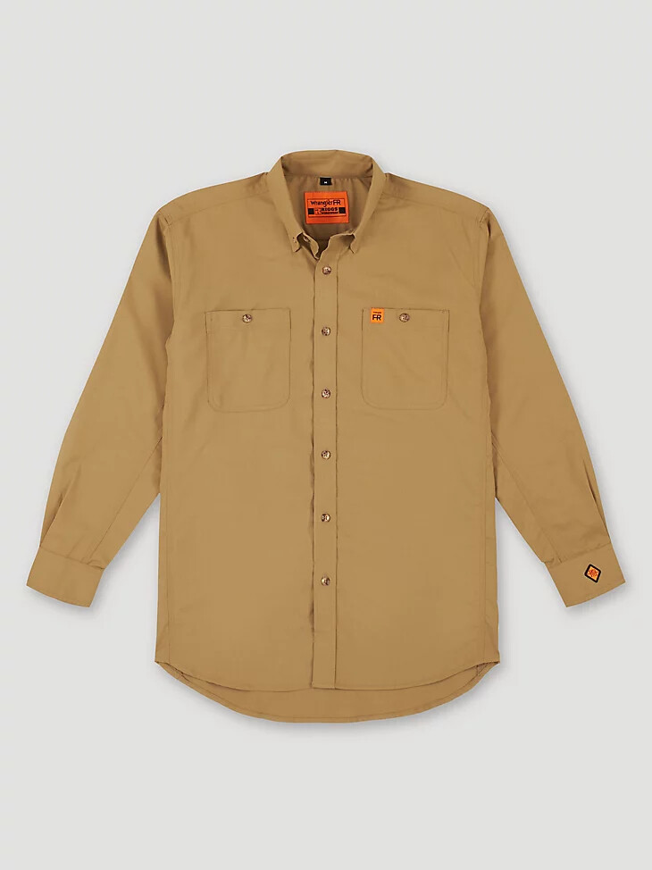camicia da lavoro in twill riggs ignifuga wrangler fr tinta unita colore cachi