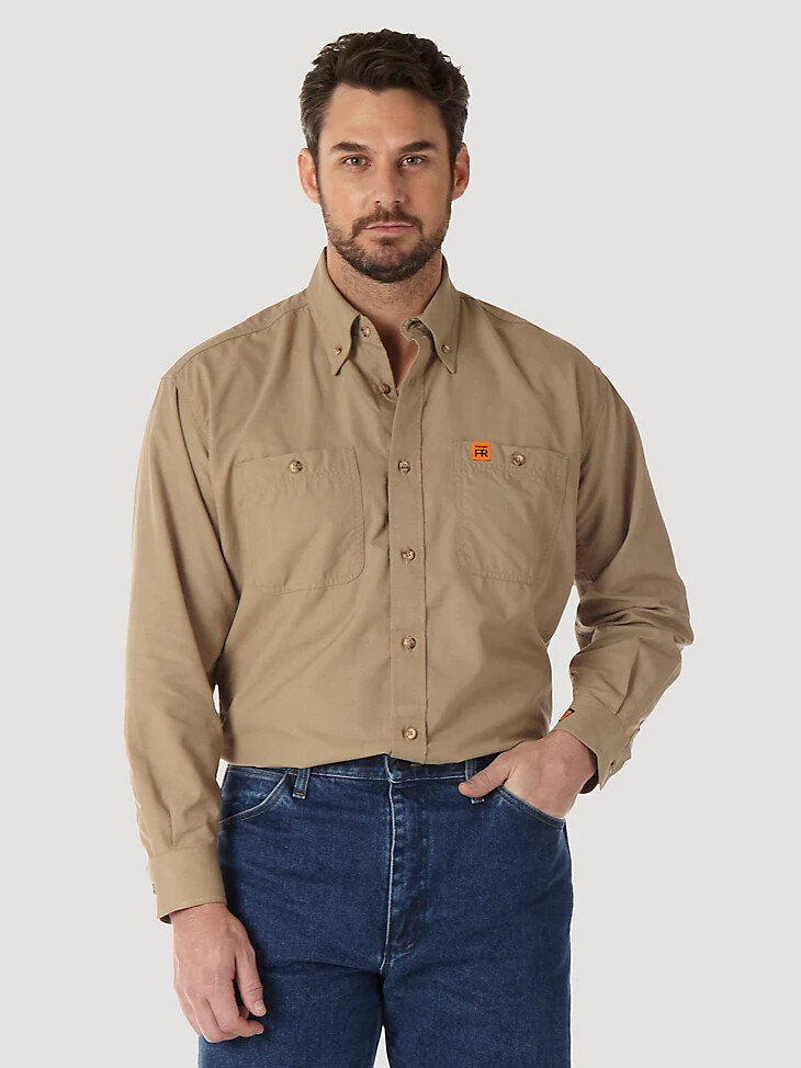 camicia da lavoro in twill riggs ignifuga wrangler fr tinta unita colore cachi