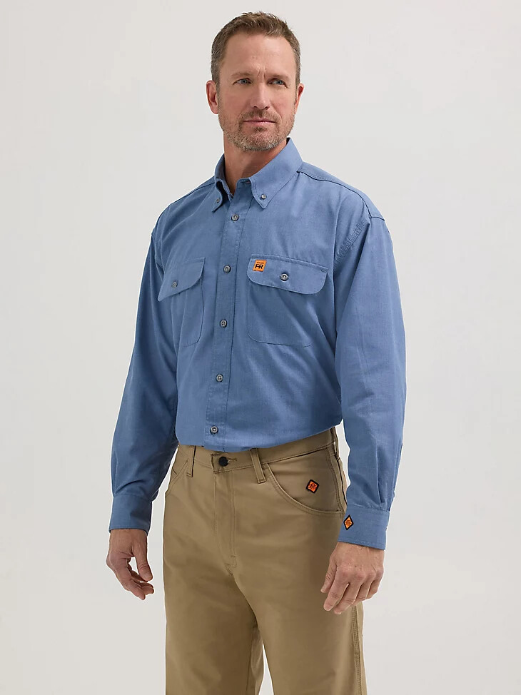 camicia da lavoro con tasca a patta e ignifuga wrangler fr riggs blu chiaro