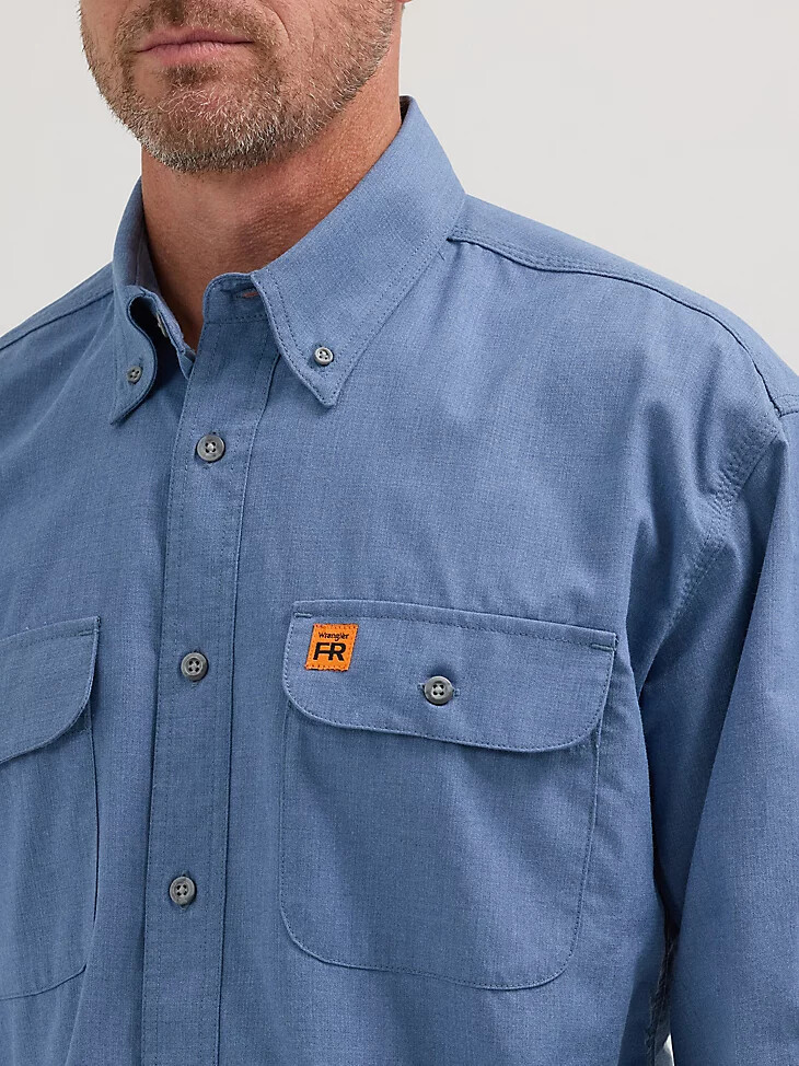 camicia da lavoro con tasca a patta e ignifuga wrangler fr riggs blu chiaro