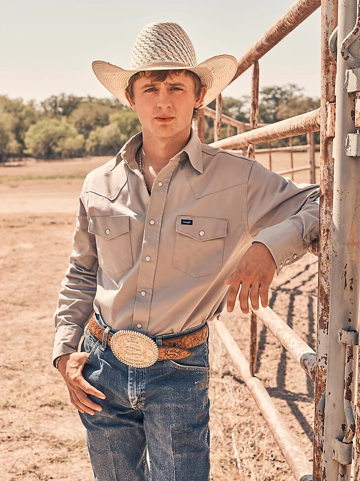 camicia a maniche lunghe con colletto alla francese taglio cowboy comfort avanzato e prestazioni premium tinta unita cemento