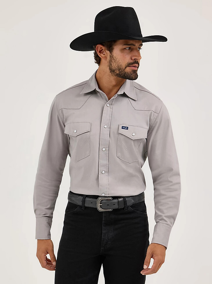 camicia a maniche lunghe con colletto alla francese taglio cowboy comfort avanzato e prestazioni premium tinta unita cemento