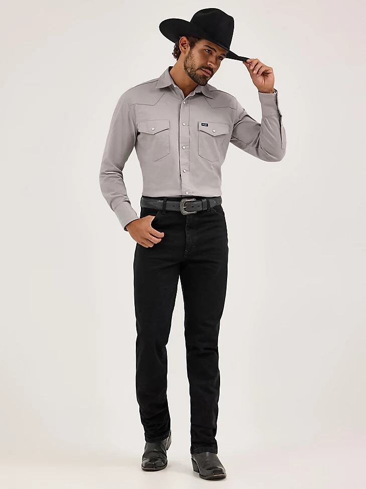 camicia a maniche lunghe con colletto alla francese taglio cowboy comfort avanzato e prestazioni premium tinta unita cemento