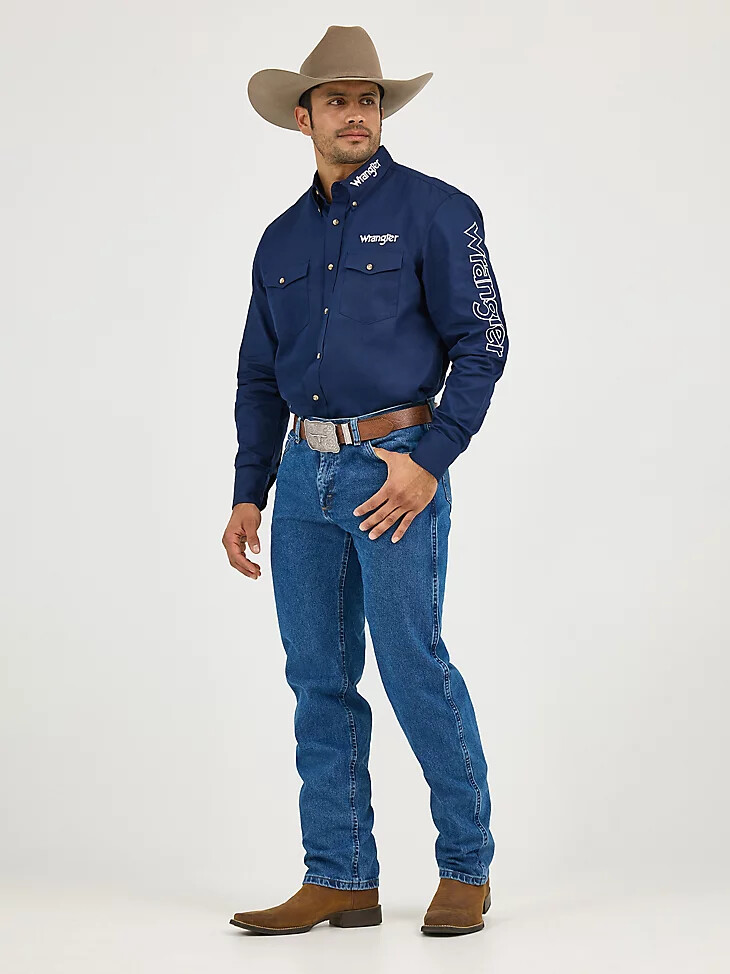 camicia da uomo a maniche lunghe con bottoni e logo wrangler blu navy