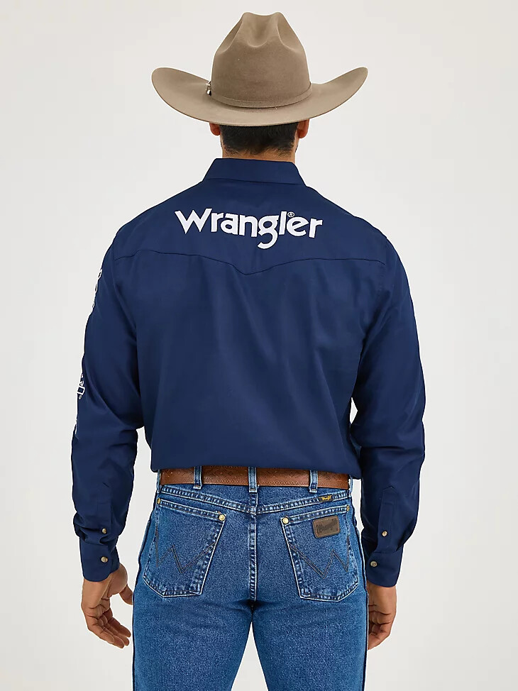 camicia da uomo a maniche lunghe con bottoni e logo wrangler blu navy