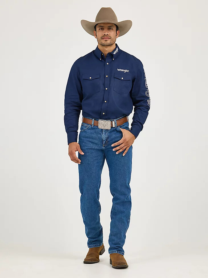 camicia da uomo a maniche lunghe con bottoni e logo wrangler blu navy