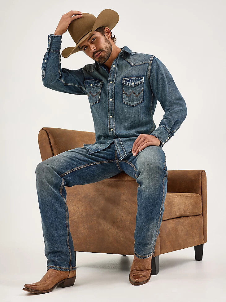 camicia da lavoro in denim western a maniche lunghe con bottoni automatici cowboy cut blu antico