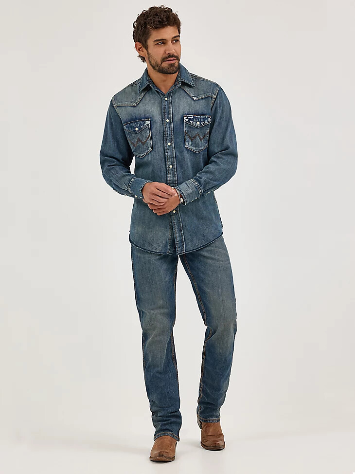 camicia da lavoro in denim western a maniche lunghe con bottoni automatici cowboy cut blu antico
