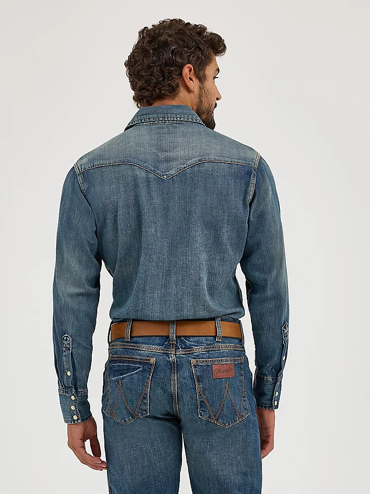 camicia da lavoro in denim western a maniche lunghe con bottoni automatici cowboy cut blu antico