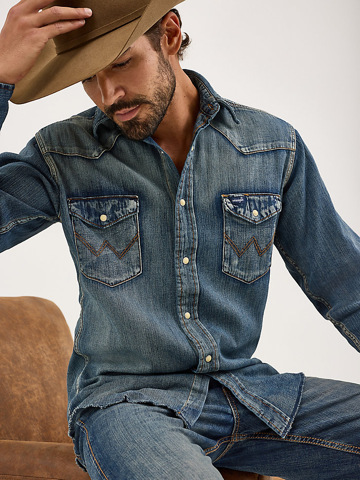 camicia da lavoro in denim western a maniche lunghe con bottoni automatici cowboy cut blu antico